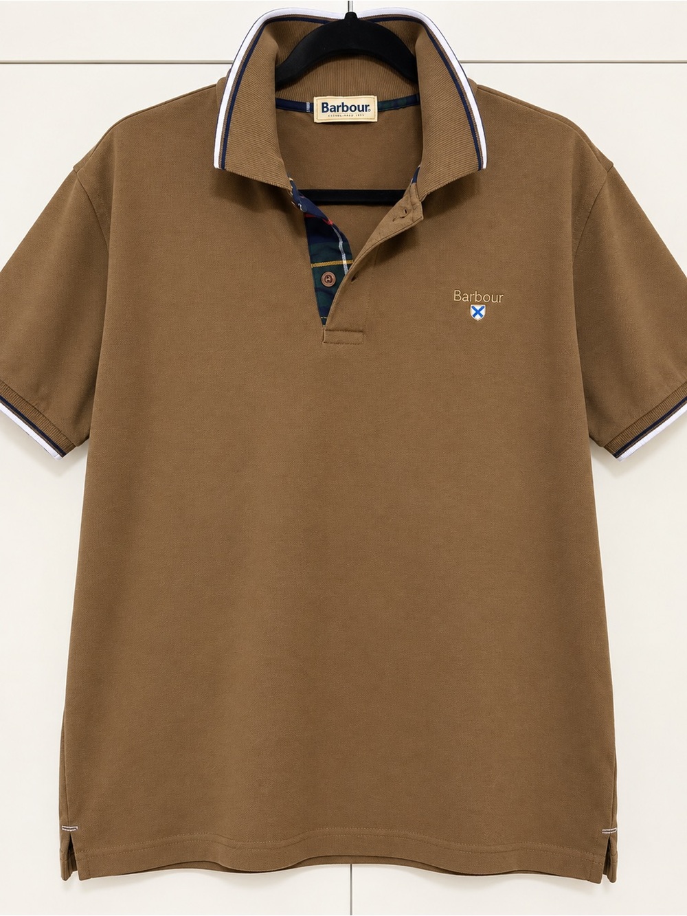 Barbour Men’s Brown Polo Shirt Tartan Trim Short Sleeve